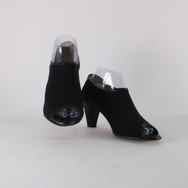 Taryn Rose Heels Sz 38 Black Open Toe Ankle Micro Fiber Leather Sole 3" Heels