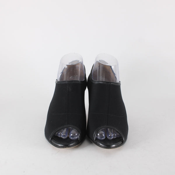 Taryn Rose Heels Sz 38 Black Open Toe Ankle Micro Fiber Leather Sole 3" Heels