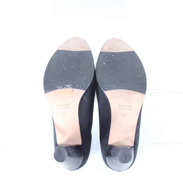 Taryn Rose Heels Sz 38 Black Open Toe Ankle Micro Fiber Leather Sole 3" Heels