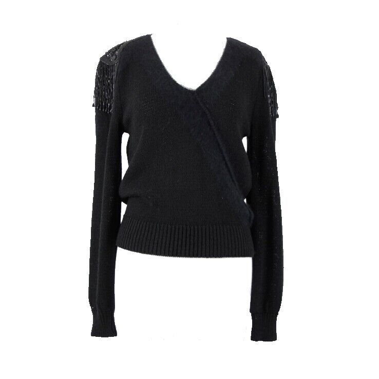 Jennifer Moore Sz S Black Beaded Sequin Shoulders Rayon Rabbit Hair Wool Sweater