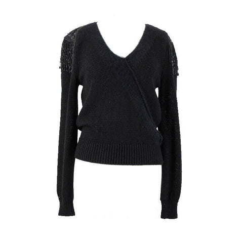 Jennifer Moore Sz S Black Beaded Sequin Shoulders Rayon Rabbit Hair Wool Sweater