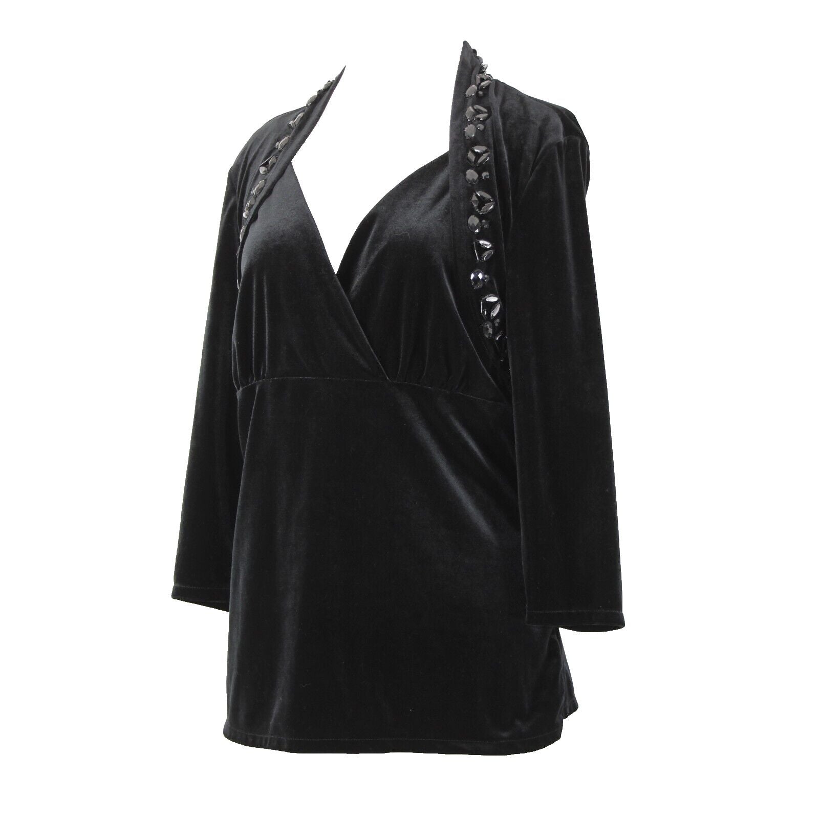 White House Black Market Sz XL Black Velour Beaded V-Neck 3/4 Sleeve Poly Top