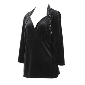 White House Black Market Sz XL Black Velour Beaded V-Neck 3/4 Sleeve Poly Top