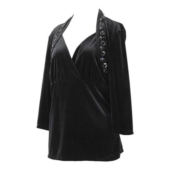 White House Black Market Sz XL Black Velour Beaded V-Neck 3/4 Sleeve Poly Top