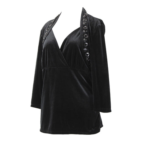 White House Black Market Sz XL Black Velour Beaded V-Neck 3/4 Sleeve Poly Top