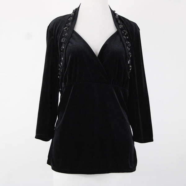 White House Black Market Sz XL Black Velour Beaded V-Neck 3/4 Sleeve Poly Top