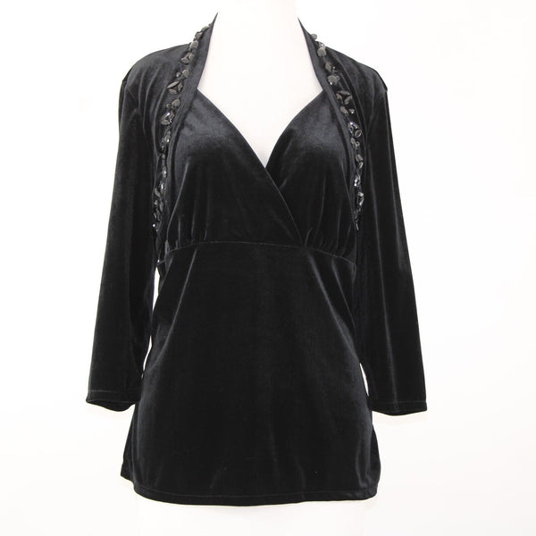 White House Black Market Sz XL Black Velour Beaded V-Neck 3/4 Sleeve Poly Top