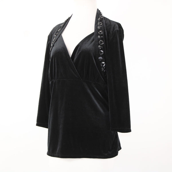 White House Black Market Sz XL Black Velour Beaded V-Neck 3/4 Sleeve Poly Top