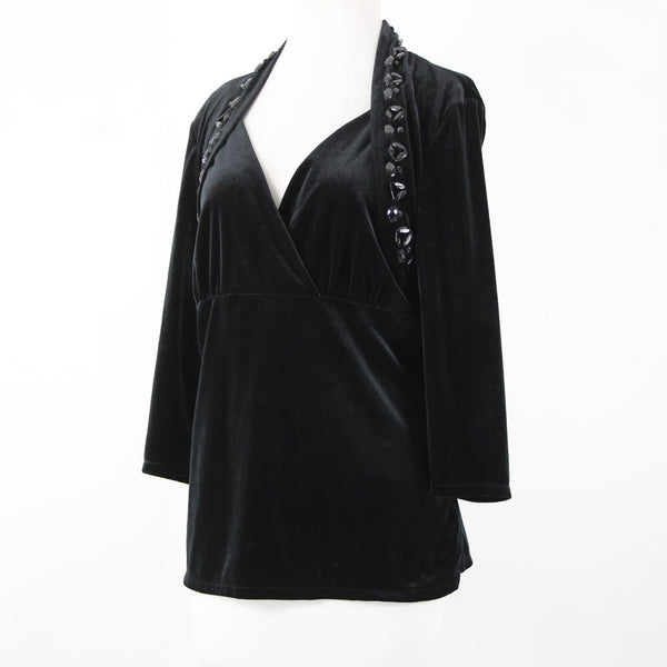 White House Black Market Sz XL Black Velour Beaded V-Neck 3/4 Sleeve Poly Top