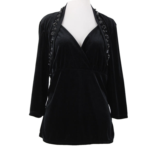 White House Black Market Sz XL Black Velour Beaded V-Neck 3/4 Sleeve Poly Top