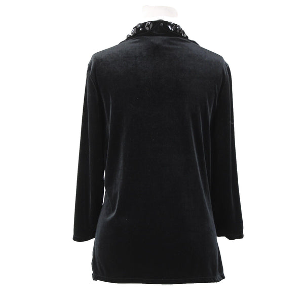 White House Black Market Sz XL Black Velour Beaded V-Neck 3/4 Sleeve Poly Top
