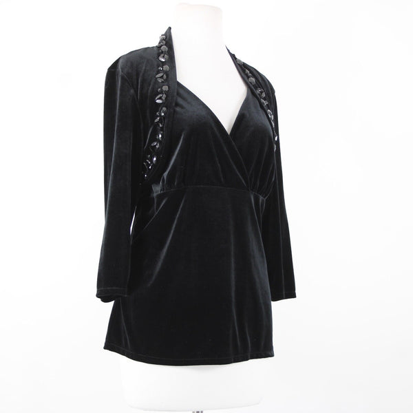 White House Black Market Sz XL Black Velour Beaded V-Neck 3/4 Sleeve Poly Top