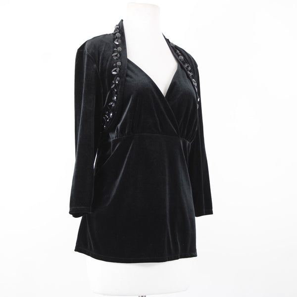 White House Black Market Sz XL Black Velour Beaded V-Neck 3/4 Sleeve Poly Top