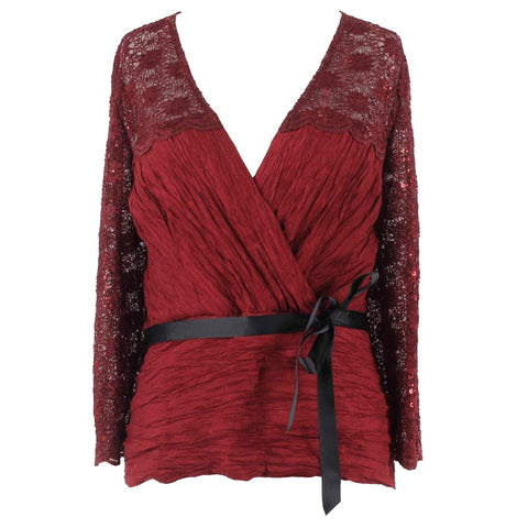 Jeanne Alexander Sz L Burgundy Black Sequin V Neck Polyester Rayon Top
