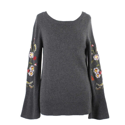 Loft NEW Sz S Charcoal Embroidered Bell Sleeve Cotton Blend Sweater