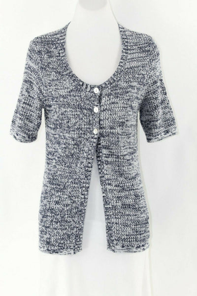 Chicos Additions Sz 1 Navy White Three Buttn Cotton Acrylic Blend Cardigan