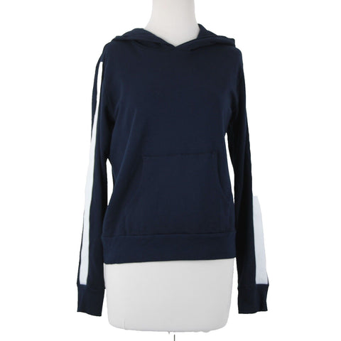 Monrow Sz S Navy White Stripe Embossed Stars Sleeve Cotton Blend Hooded Sweater