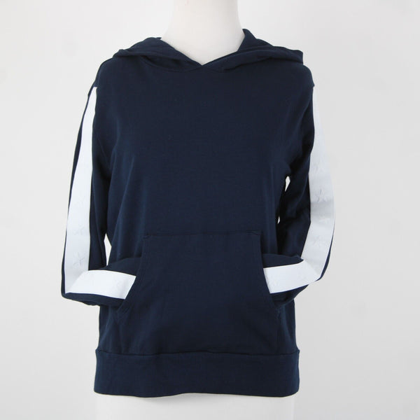 Monrow Sz S Navy White Stripe Embossed Stars Sleeve Cotton Blend Hooded Sweater