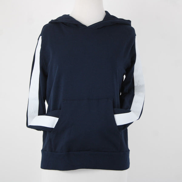 Monrow Sz S Navy White Stripe Embossed Stars Sleeve Cotton Blend Hooded Sweater