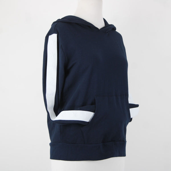 Monrow Sz S Navy White Stripe Embossed Stars Sleeve Cotton Blend Hooded Sweater