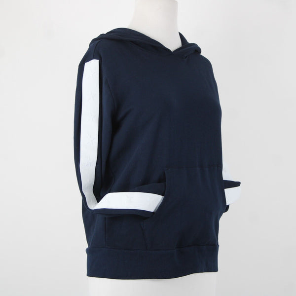 Monrow Sz S Navy White Stripe Embossed Stars Sleeve Cotton Blend Hooded Sweater