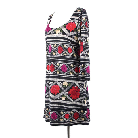 Diane Von Furstenberg Sz 6 Black Multi Color Floral Scoop Neck 100% Silk Dress