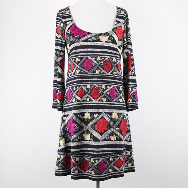 Diane Von Furstenberg Sz 6 Black Multi Color Floral Scoop Neck 100% Silk Dress