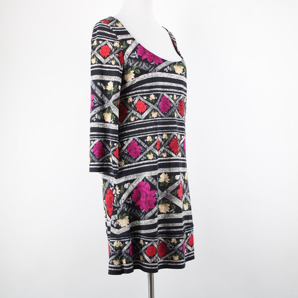 Diane Von Furstenberg Sz 6 Black Multi Color Floral Scoop Neck 100% Silk Dress