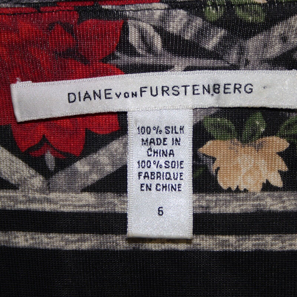 Diane Von Furstenberg Sz 6 Black Multi Color Floral Scoop Neck 100% Silk Dress