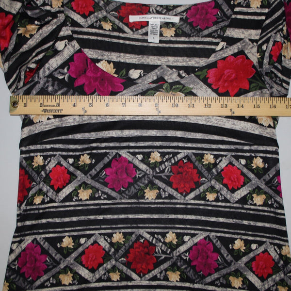 Diane Von Furstenberg Sz 6 Black Multi Color Floral Scoop Neck 100% Silk Dress