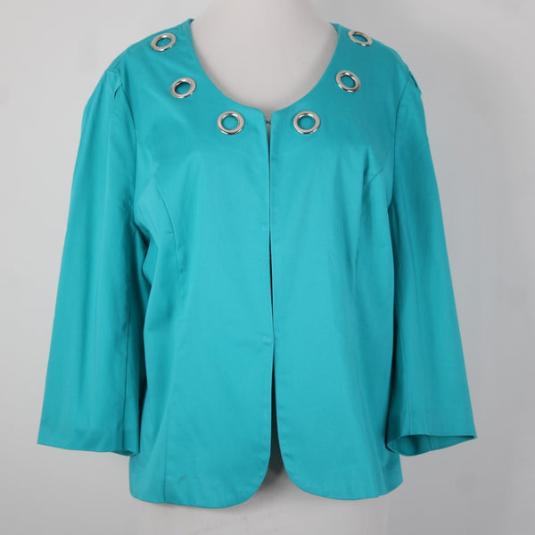 Donna Moore Sz L Blue Silver Rivets Lined Hook Eye Closure Cotton Spandex Jacket