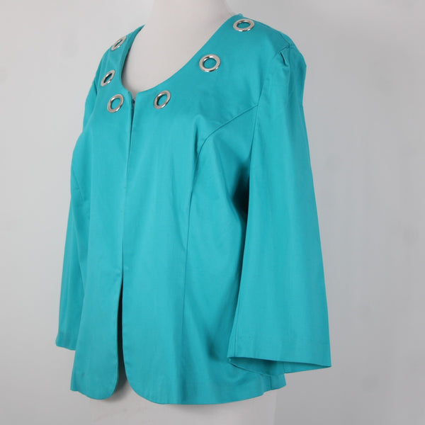 Donna Moore Sz L Blue Silver Rivets Lined Hook Eye Closure Cotton Spandex Jacket