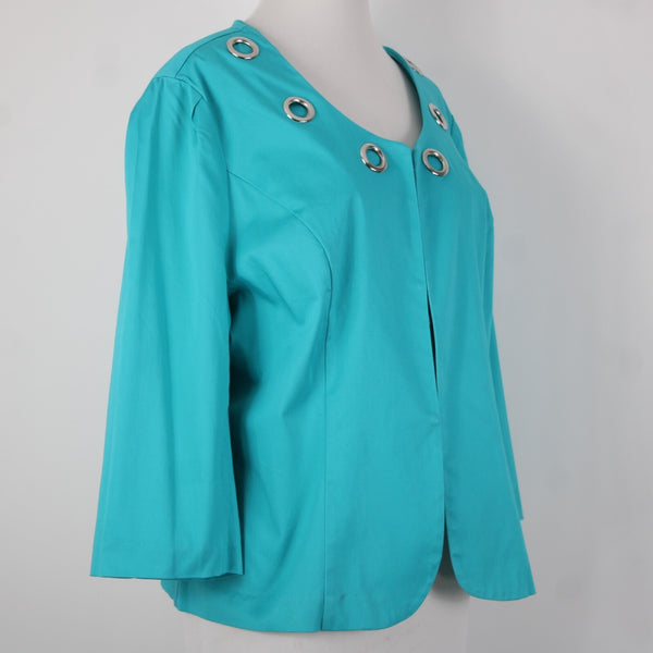 Donna Moore Sz L Blue Silver Rivets Lined Hook Eye Closure Cotton Spandex Jacket
