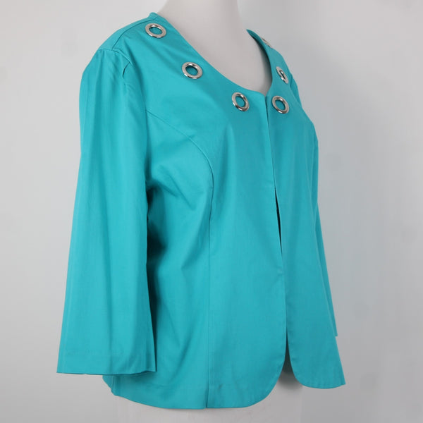 Donna Moore Sz L Blue Silver Rivets Lined Hook Eye Closure Cotton Spandex Jacket