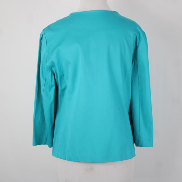 Donna Moore Sz L Blue Silver Rivets Lined Hook Eye Closure Cotton Spandex Jacket
