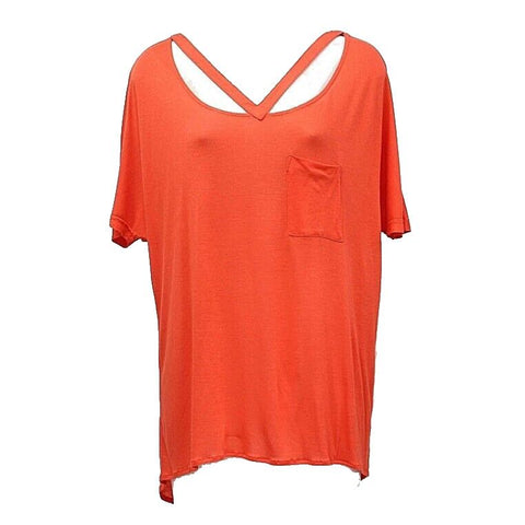 Khloe Sz M Orange SS Cut Out Neck Hi Lo Rayon Nylon Bohemian Top