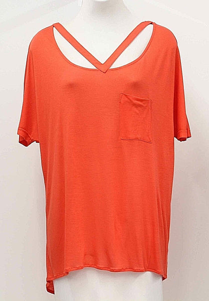 Khloe Sz M Orange SS Cut Out Neck Hi Lo Rayon Nylon Bohemian Top