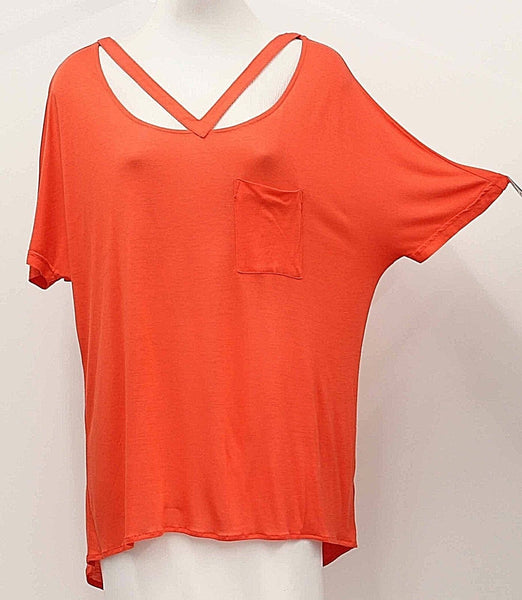 Khloe Sz M Orange SS Cut Out Neck Hi Lo Rayon Nylon Bohemian Top
