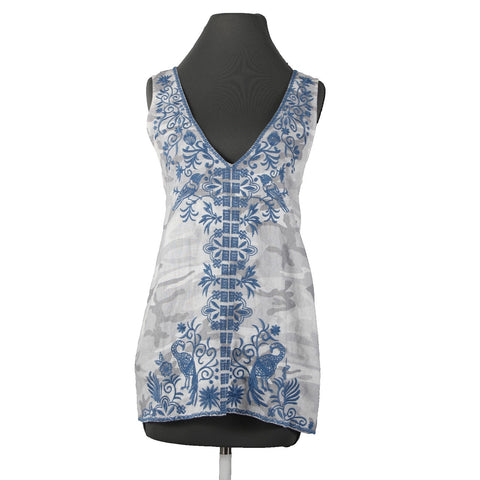 Johnny Was Sz M Blue White Gray Embroidered Floral V Neck 100% Linen Top