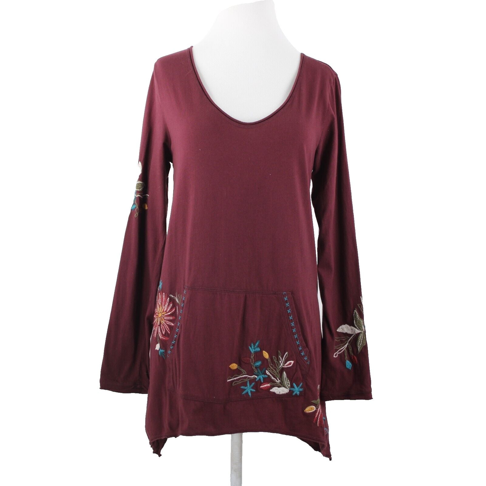 Johnny Was Sz M Burgundy Red Multi Embroidered Pouch Pocket 100% Cotton Poly Top