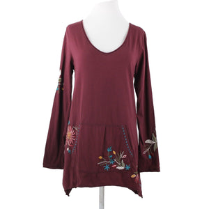 Johnny Was Sz M Burgundy Red Multi Embroidered Pouch Pocket 100% Cotton Poly Top
