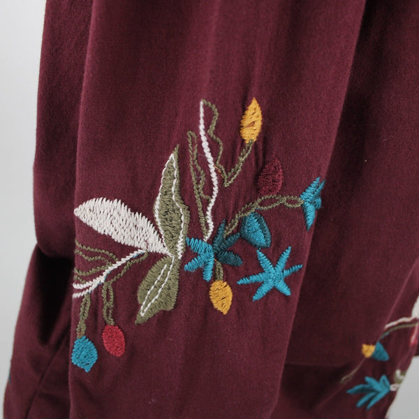 Johnny Was Sz M Burgundy Red Multi Embroidered Pouch Pocket 100% Cotton Poly Top