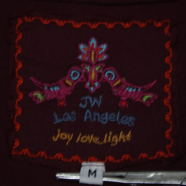 Johnny Was Sz M Burgundy Red Multi Embroidered Pouch Pocket 100% Cotton Poly Top