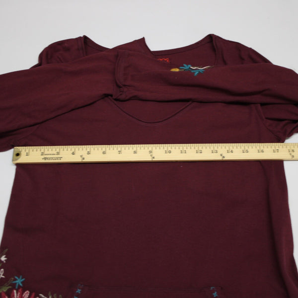 Johnny Was Sz M Burgundy Red Multi Embroidered Pouch Pocket 100% Cotton Poly Top