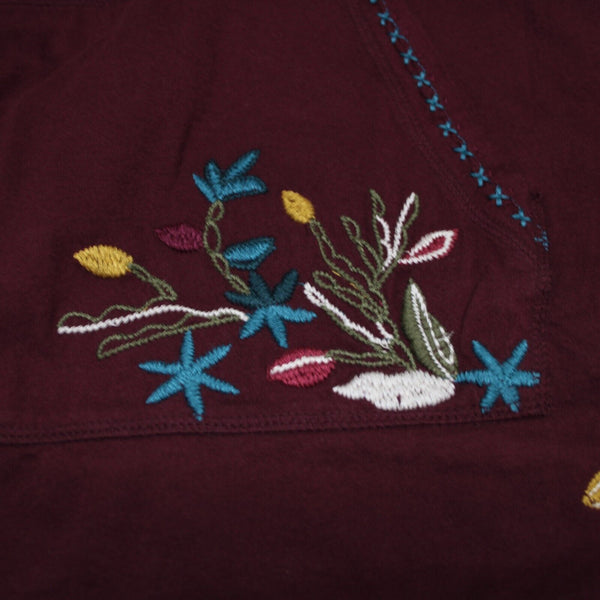 Johnny Was Sz M Burgundy Red Multi Embroidered Pouch Pocket 100% Cotton Poly Top