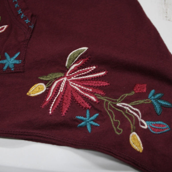 Johnny Was Sz M Burgundy Red Multi Embroidered Pouch Pocket 100% Cotton Poly Top