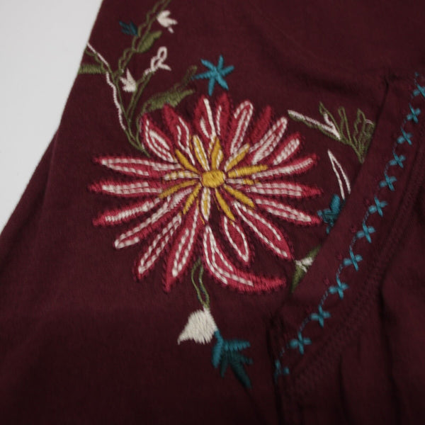 Johnny Was Sz M Burgundy Red Multi Embroidered Pouch Pocket 100% Cotton Poly Top