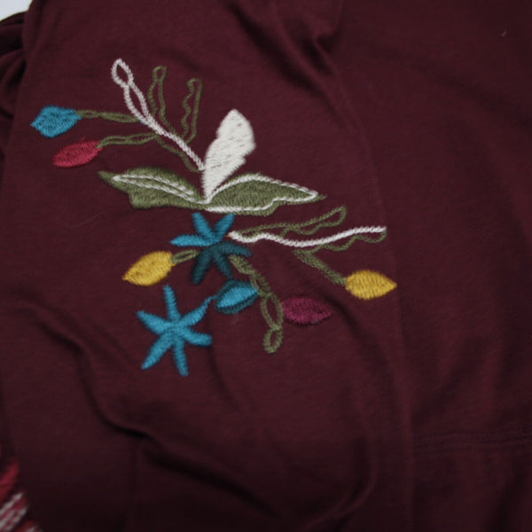 Johnny Was Sz M Burgundy Red Multi Embroidered Pouch Pocket 100% Cotton Poly Top