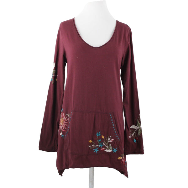 Johnny Was Sz M Burgundy Red Multi Embroidered Pouch Pocket 100% Cotton Poly Top