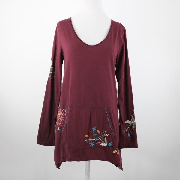 Johnny Was Sz M Burgundy Red Multi Embroidered Pouch Pocket 100% Cotton Poly Top